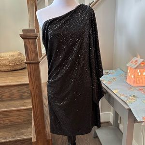 Hailey Adrianna Papell Black Sequin One Shoulder Stretch Cocktail Dress 2 SZ 12
